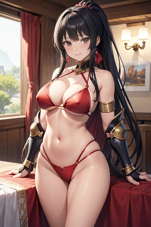 nsfw,8k,Masterpiece,(Red Bikini),A woman wearing separate armor,Mature Woman,28 years old,Bikini Armor, The world of fantasy games set in another world,Sexy anime characters,Slender figure,Cleavage,belly button,ponytail,Black Hair,Long Hair,Shy smile,Flushed Cheeks, Knight Girl, Very detailed fan art, Detailed digital anime art, Anime Goddess, Anime illustration, Girl in Armor,Beautiful expression right down to your fingertips,Looking at the audience