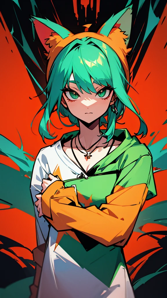 Anime Style、Shortcutale、Her hair is green with some red、necklace、hoodie、