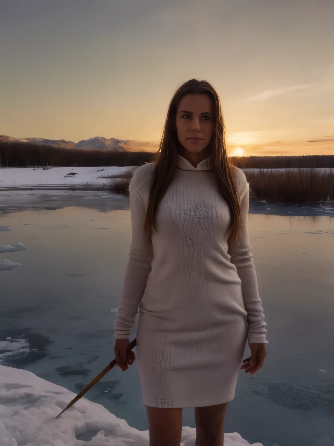 an African slender seductive slightly smiling woman standing on a frozen lake, embodying a striking figure of strength and resilience. She is dressed in ancient African clothing made of hides and fur, which provide a stark contrast against the icy landscape. The attire is both functional and symbolic, evoking the rich cultural heritage and traditional craftsmanship of her ancestors. In her hands, she holds a spear, a traditional weapon and a symbol of protection and hunting prowess.
The scene is painted in an epic, cinematic light, with a unique color palette reminiscent of the visual style seen in Christopher Nolan's *Interstellar*. The landscape is dominated by red and white layers, which blend subtly into the icy expanse, giving the image a grey and white color grading. This creates a mood that is both otherworldly and grounded in a stark, natural reality.
In the background, the horizon is bathed in a soft, diffuse light that accentuates the frozen textures and adds depth to the scene. The lighting is dramatic, casting long shadows that emphasize the vastness of the landscape and the isolation of the figure. The red color, spread minimally across the frozen lake, adds a touch of vibrancy and a sense of mystery, contrasting sharply with the dominant whites and greys of the scene.
The image is rendered in ultra-high definition, capturing every intricate detail with hyper-realistic precision. The fur of her clothing, the texture of the spear, and the subtle expressions on her face are all depicted with stunning clarity. The scene is reminiscent of Artgerm's style, known for blending realism with a touch of fantasy, and is rendered using advanced technology like Unreal Engine, bringing a level of detail and realism that immerses the viewer completely.
Put in the image: frozen lake, hides, fur clothing, spear, red and white layers, grey and white color grading, epic cinematic lighting, long shadows, diffuse light, horizon, frozen textures, isolation,