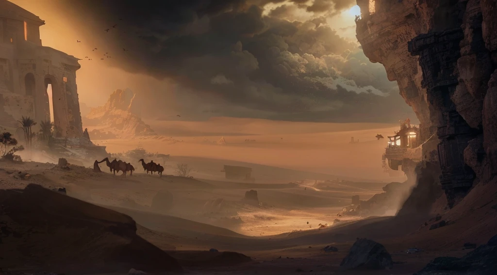 Chinese style desert,Dusky sky,Dark clouds rolling,Smoke and dust rise,,Yadan landforms,Camels and desert plants in the distance,Rocks in the foreground,Clarity,结构Clarity,Structured,Precious silk,Deco,Precious Stone,Hanfu,32k——niece 5,(masterpiece,Top quality,Best Quality,Official Art,Beautiful beauty:1.2),(8k,Best Quality,masterpiece:1.2),(((White background,)))(merchandise/baoxiang),Fantasy,The Chinese Wes Anderson feeling, rich and colorful, landscape