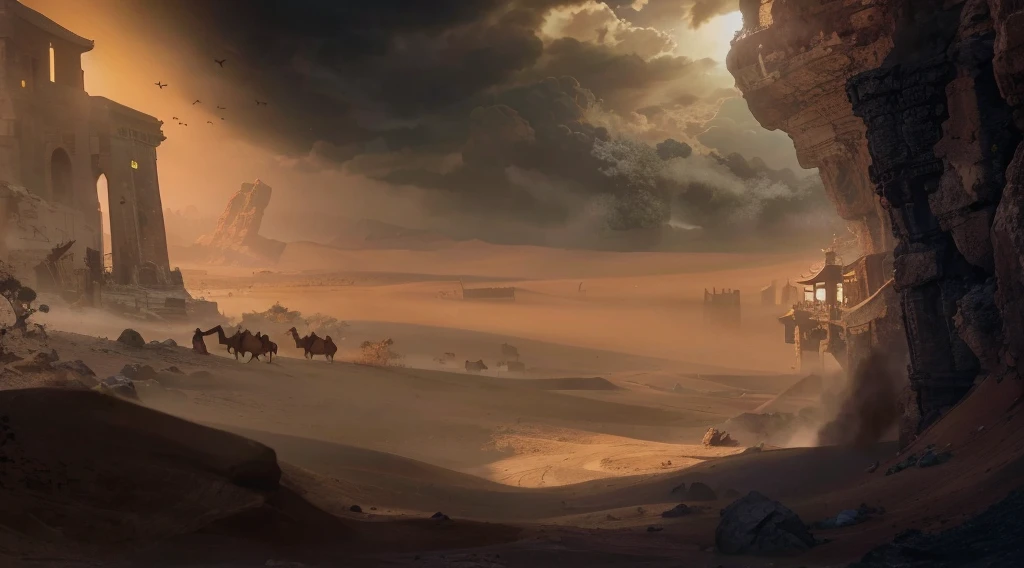 Chinese style desert,Dusky sky,Dark clouds rolling,Smoke and dust rise,,Yadan landforms,Camels and desert plants in the distance,Rocks in the foreground,Clarity,结构Clarity,Structured,Precious silk,Deco,Precious Stone,Hanfu,32k——niece 5,(masterpiece,Top quality,Best Quality,Official Art,Beautiful beauty:1.2),(8k,Best Quality,masterpiece:1.2),(((White background,)))(merchandise/baoxiang),Fantasy,The Chinese Wes Anderson feeling, rich and colorful, landscape