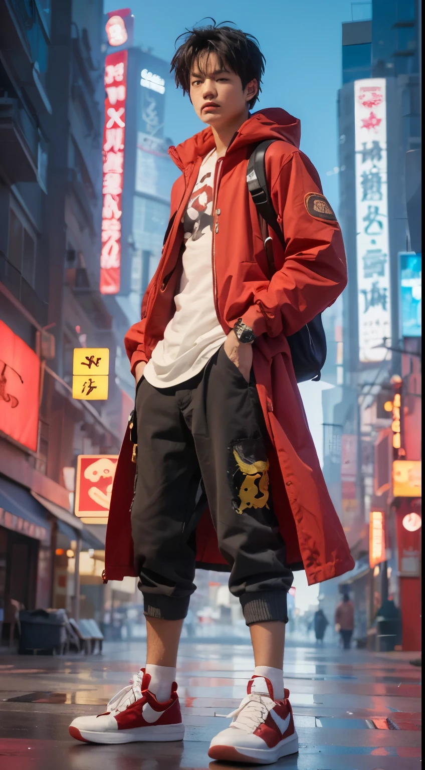 Luffy, one piece, black hair, red jacket, sneaker shoes, modern city background, detailed face, detailed hair, detailed eyes, detailed lips, detailed hand. Ultra detailed, ultra realistic, masterpiece.