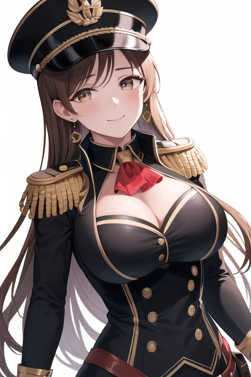 masterpiece, best quality, highres, aanitta, (very long hair), (black peaked cap), earrings, big breasts, cleavage, muscular body, military uniform, epaulettes, badges, (black shirt:1.2), (gold trim), (bulletproof vest), (red ascot), black sleeves, long sleeves,  close-up, standing, smile, closed mouth, facing the viewer, looking at the viewer, simple white background