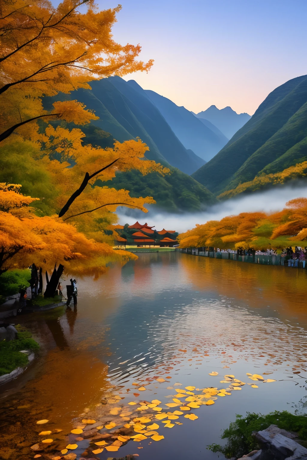 Generate a Chinese traditional solar term titled "Autumn Equinox," depicted in a vast and intricate scene map. This annual event is marked by the balance of day and night, symbolizing the transition from summer's heat to autumn's coolness. The setting is a classic Chinese landscape, featuring lush forests, crisp golden leaves, majestic mountains, and a serene lake gently rippling under the soft light of the setting sun. A bustling marketplace comes to life, with merchants selling colorful fruits, vegetables, and other autumnal delights.

In the foreground, farmers harvest their crops with traditional tools, while a group of children play around a group of bamboo groves. The mountains