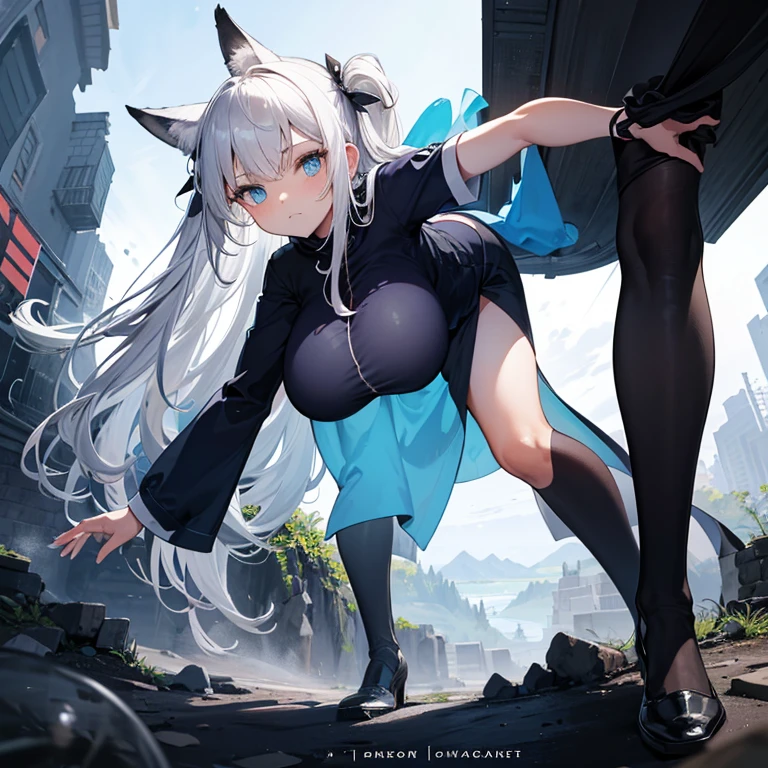 (8k, Realistic, RAW Photos, Highest quality, (from below:2), View your viewers: 1.3), (Fox Girl, Fox Ears, Silver Hair, One Girl, Long Hair, (Alone on the screen, dark skin), High definition:1.6), (Blue clothes, Bikini armor(LECO):1.8), (Body measurements are 99-55-77!, Height: 145cm, Nice body, Big Breasts, slender, muscle, (Stand with your legs apart, I can see the valley, bent over):1.9),(美しいface, Delicate drawing, It is written down in detail), Avatar, face, 色っぽいface, Dominant representation, naughty face, Uplifting, Skin Texture, outside, ruins, Ruined City, Broken Building, There are no people