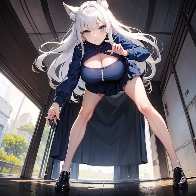 (8k, Realistic, RAW Photos, Highest quality, (from below:2), View your viewers: 1.3), (Fox Girl, Fox Ears, Silver Hair, One Girl, Long Hair, (Alone on the screen, dark skin), High definition:1.6), (Blue clothes, Bikini armor(LECO):1.8), (Body measurements are 99-55-77!, Height: 145cm, Nice body, Big Breasts, slender, muscle, (Stand with your legs apart, I can see the valley, bent over):1.9),(美しいface, Delicate drawing, It is written down in detail), Avatar, face, 色っぽいface, Dominant representation, naughty face, Uplifting, Skin Texture, outside, ruins, Ruined City, Broken Building, There are no people