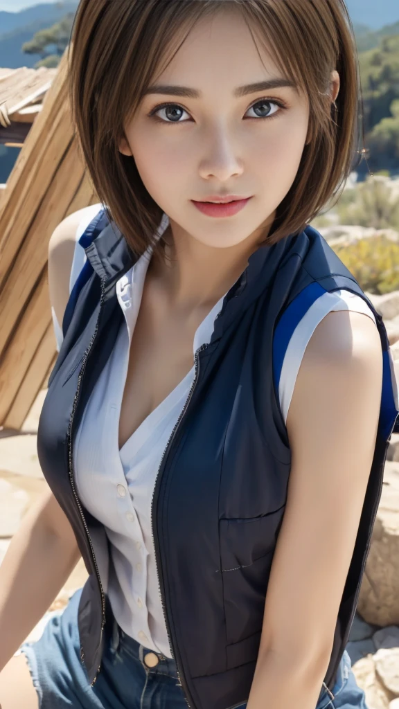 Realistic、Highest quality、Highest quality、masterpiece、Ultra-high resolution、RAW Photos、Realistic、Bright lighting、Face Light、Smooth Professional Lighting、Looking into the camera、alone、Adult female、Beautiful woman、Super Beauty、Realistic肌、Moisturized Skin、Realistic eyes and faces、Perfect model body shape、Beautiful Eyes、Big eyes、Inconspicuous tear bags、slim、Big Breasts、Very good、Beautiful fingers、Very short hair、Dark black hair、black eye、Looks happy、Cowboy Shot、(Both ears are hidden by hair)、(((Naked and wearing a down vest)))、In the mountains、hiking