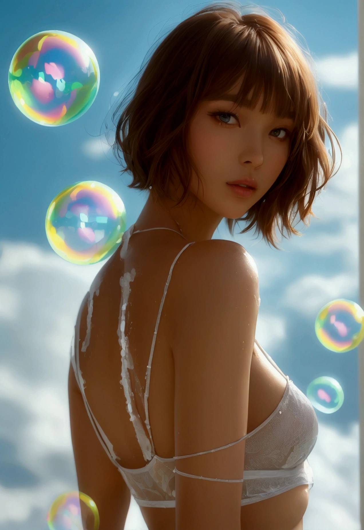 1 Girl, Solo, sensual,Bob hair, seductive, wet sexy naked female body,shiny body, big buttocks, big breasts, Yuna FMX, Ultra high resolution, photo, photorealistic, very detailed, detailed face, standing on , ahegao,lustful joyful expression,sexy belly, cute alone woman, ephemeral beauty, fantastic sky, blue sky, white clouds, refreshing sky, flying soap bubbles, medium chest, full body image, (masterpiece, high quality), look at viewer, bob cut, shiny skin, Attractive, dreamy, ((bangs Thick up, exquisite details. Intricately detailed. Attractive. Oily skin.