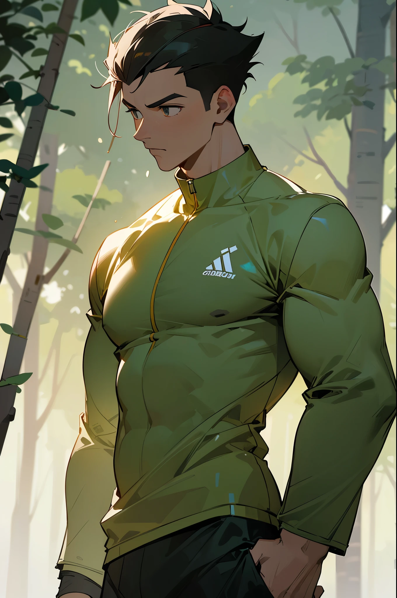 Draw a full-fledged athlete,Stand on the central field of the gym,He wears high-end sportswear,The man looks confident and determined,looking-down,Crew cut,full bodyesbian,cowboy shot, upper body, forest background