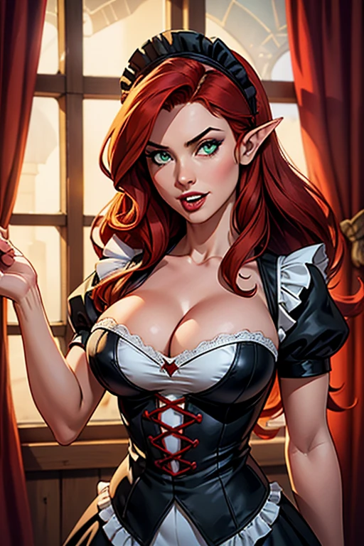 .Half-length photograph of a red-haired girl, maid, long curly hair, red hair, pointed ears, green eyes, full lips with small fangs, big bust ((with cleavage)), hourglass waist, clumsy look, cute, pretty and attractive in a medieval castle double bedroom with many windows with red colored curtains ::3 trending, sexy cosplay format - tight maid outfits that accentuate her perfect body ::2 Photograph captured using a Canon 6D Mark II with 85mm lens at f/4 and ISO 100 ::3 Shoot glamour, rewarded photography, sharp focus, dynamic lighting ::1