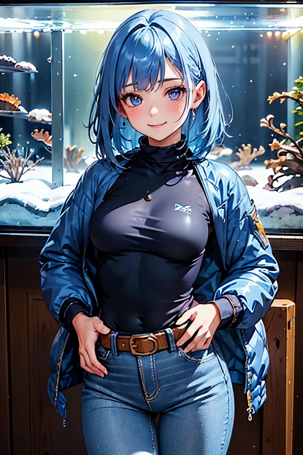 best quality, (masterpiece:1.3), absurdres, highres,16k, ultra high res, official art, illustration,extremely detailed, 1girl, solo, full body, 20yo,
delicate lines tailed face, (medium hair:1.9), (side swept bangs:1.7), (beautiful (aquamarine blue) hair:1.2), (shiny hair:1.2), (beautiful (light-purple) eyes:1.2), (shiny eyes:1.2), (medium breasts), (gleaming skin:1.4),
(cowboy shot:1.5), 
standing, smile, 
((down jacket :1.2), (skinny jeans:1.2), belt), (blue theme:1.5)
(winter, snowing, (aquarium))