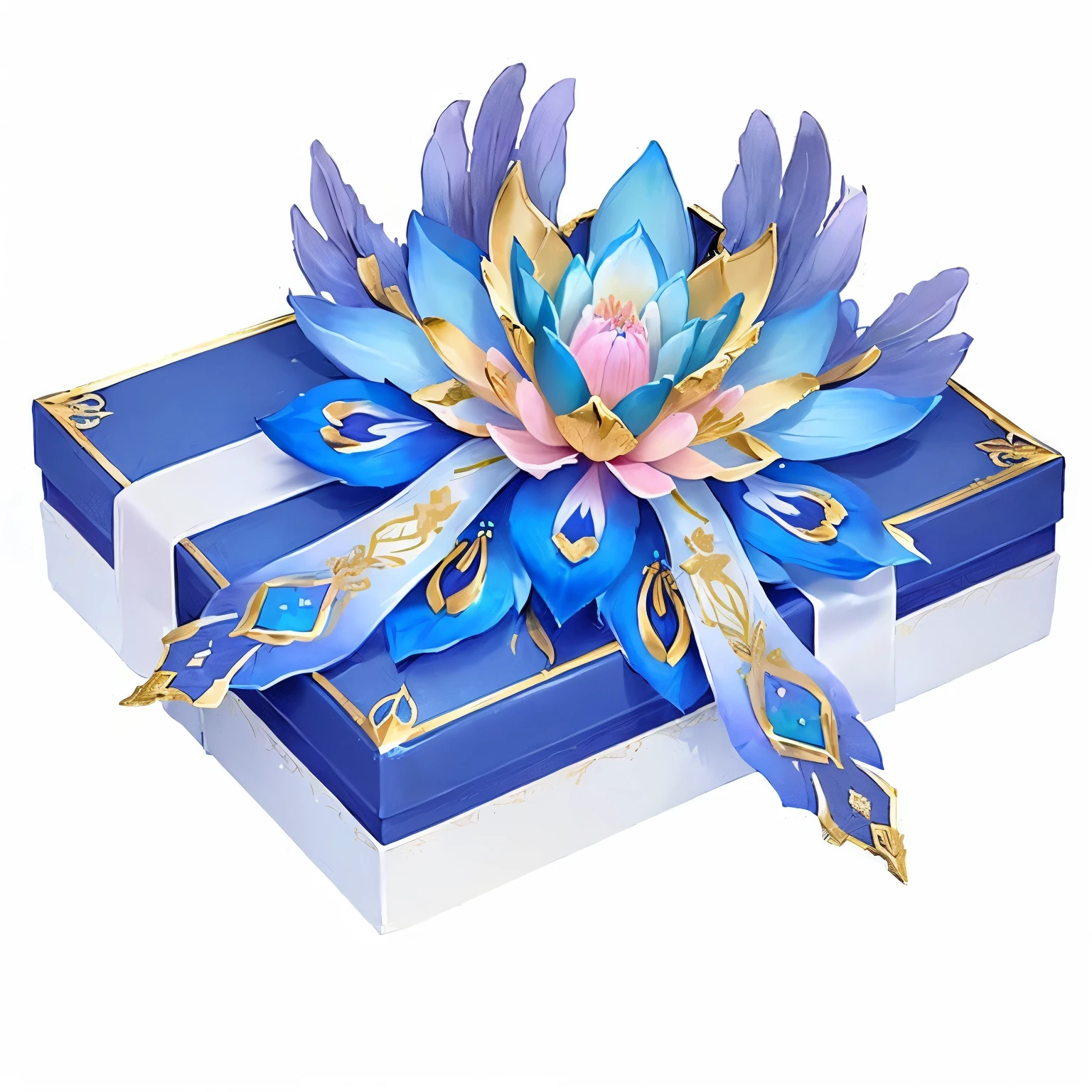 gift boxes,There is a flower at the top, Gilded Lotus Princess, blue adornements, Decorative bow,liana wraps two fantasy creatures,water lily mechanical water lily, Loot Boxes, Gift, forest