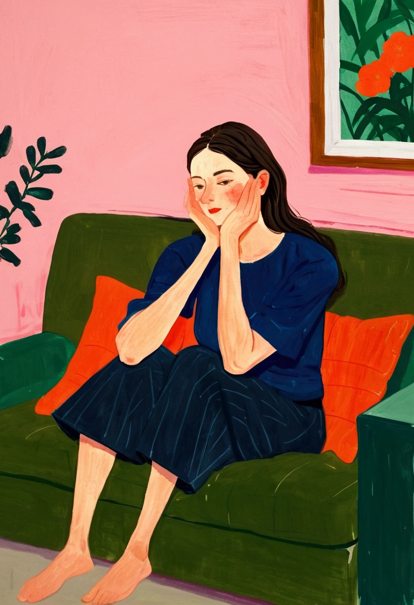 A lady sitting on a couch with his head in his hands, Gouache by Alex Katz, cg Social Hotspot, Childish Art, A man's, Painting of a woman, painting illustration, solo portrait 🎨🖌️, painterly illustration, illustration painting, illustration!, illustration | Rutkowski, 2 d gouache illustration, Woman sitting
