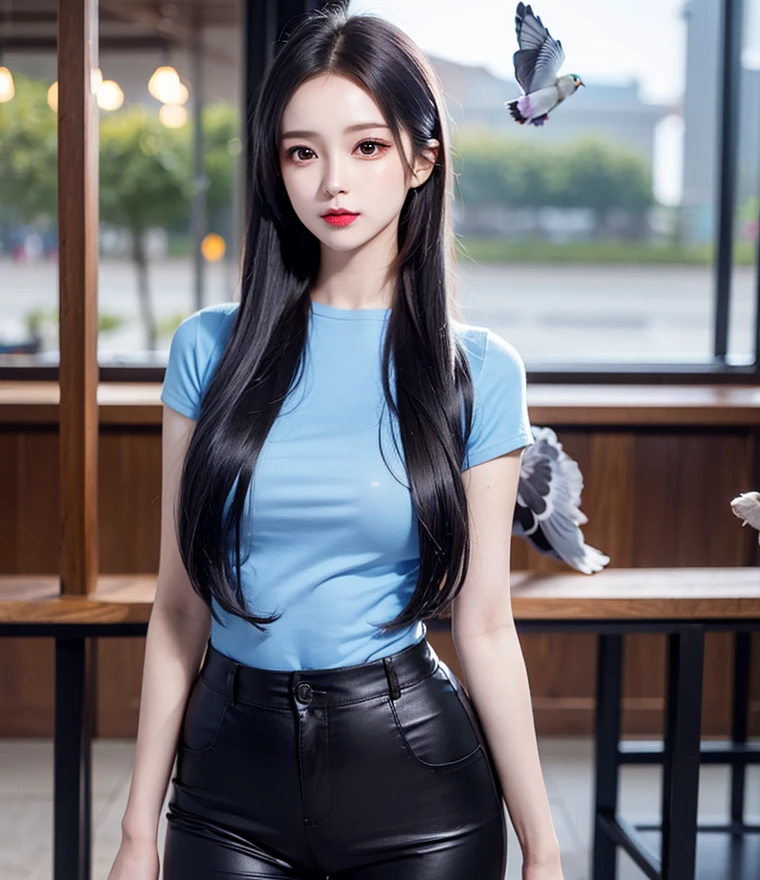 Woman with long hair straight, ((pigeon-blie hair color)), high detailed, realistic, ultra realistic, makeup face, ((pigeon-blue shirt)) and ((black skinny long pant))