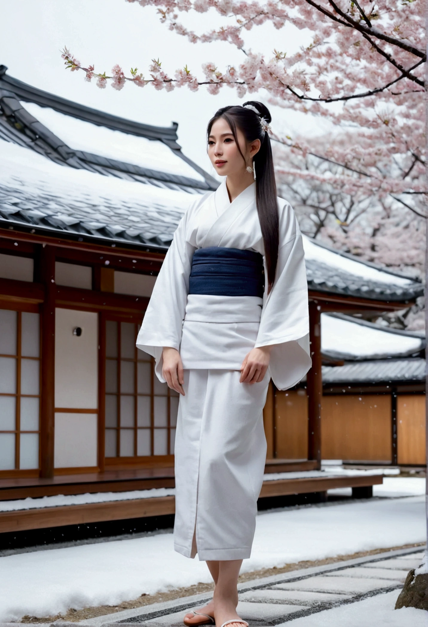 Full body of A beautiful thai woman pale skin long white ponytail hair pointed ear with hoop earrings
beautiful figure, wearing a kimono and wearing wooden sandals. In the background of the traditional Japanese house, there are cherry trees on both sides. And the snow is falling heavily, very realistic and beautiful.