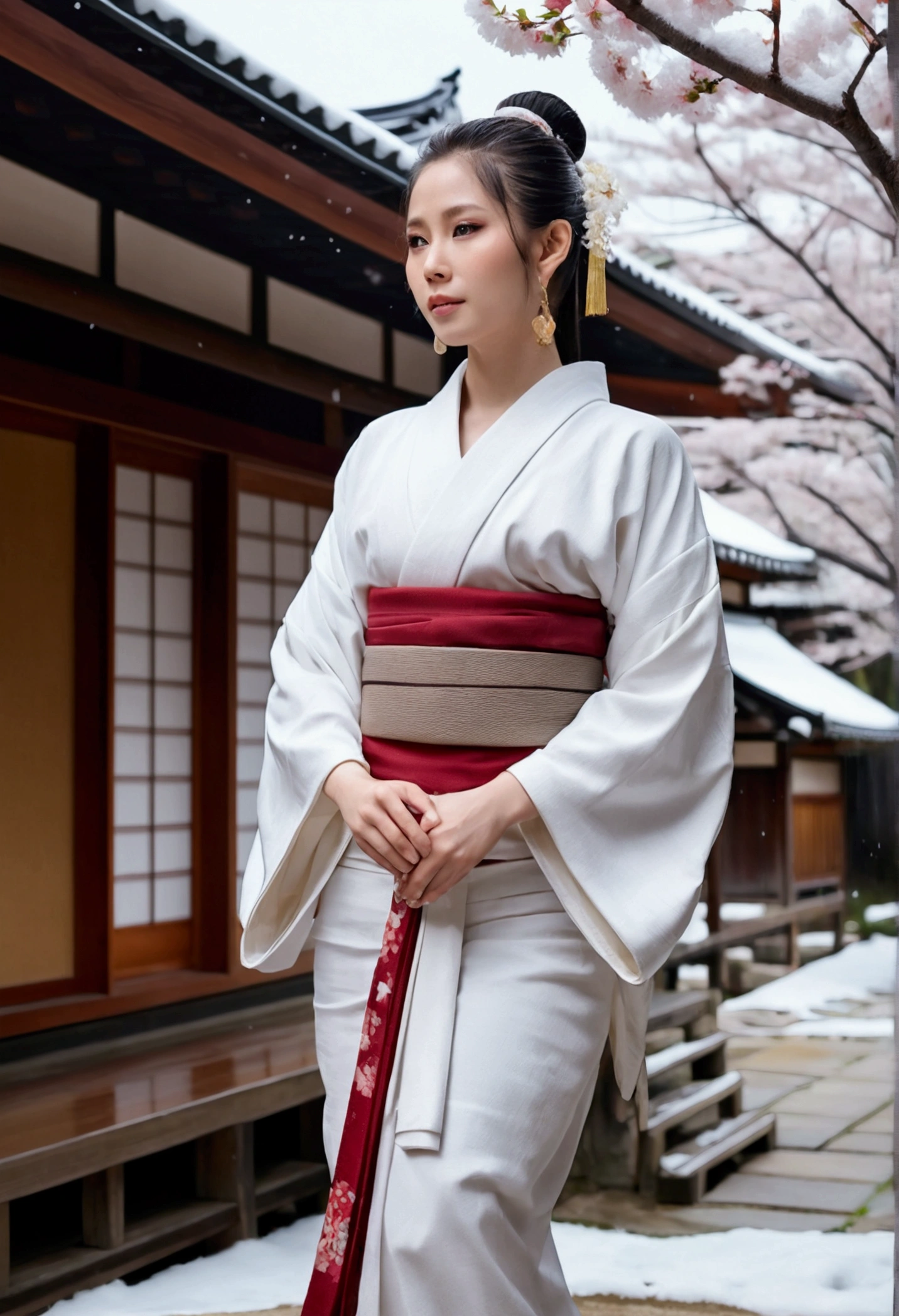Full body of A beautiful thai woman pale skin long white ponytail hair pointed ear with hoop earrings
beautiful figure, wearing a kimono and wearing wooden sandals. In the background of the traditional Japanese house, there are cherry trees on both sides. And the snow is falling heavily, very realistic and beautiful.
