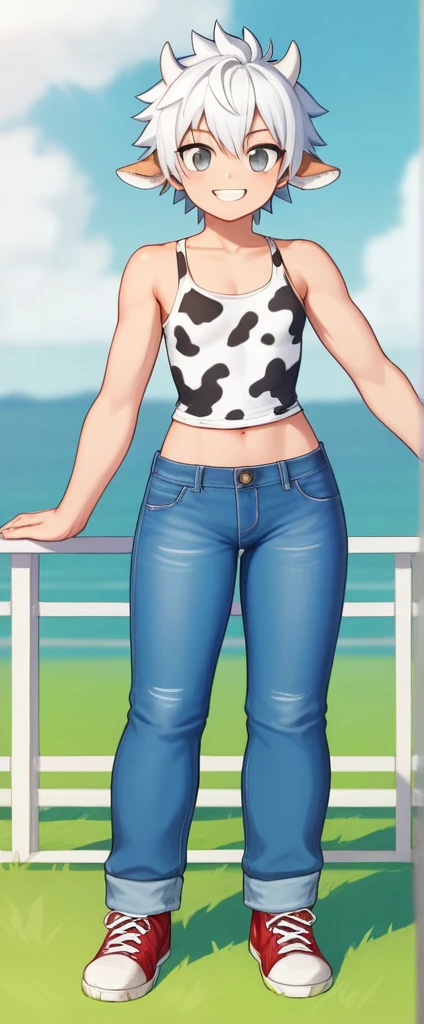 score_9, score_8_up, source_anime, masterpiece, best quality, BREAK 1girl, white horns, white spiked hair, grey eyes, small breasts, smile, pants, cow print tank top, jeans, meadow