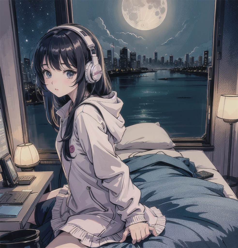 1 girl, 90s anime style, night, Studio Room, moon, Girl wearing headphones, late night room, Listening to music alone, City Pop, low quality, Lo-Fi, Chill, late night, Single room, Dark Room, futuristic night view outside the window, Dark Room,Warm lighting