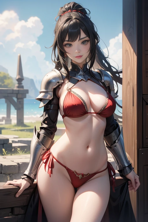 nsfw,8k,Masterpiece,(Red Bikini),A woman wearing separate armor,Mature Woman,28 years old,Bikini Armor, The world of fantasy games set in another world,Sexy anime characters,Slender figure,Cleavage,belly button,ponytail,Black Hair,Long Hair,Shy smile,Flushed Cheeks, Knight Girl, Very detailed fan art, Detailed digital anime art, Anime Goddess, Anime illustration, Girl in Armor,Beautiful expression right down to your fingertips,Looking at the audience