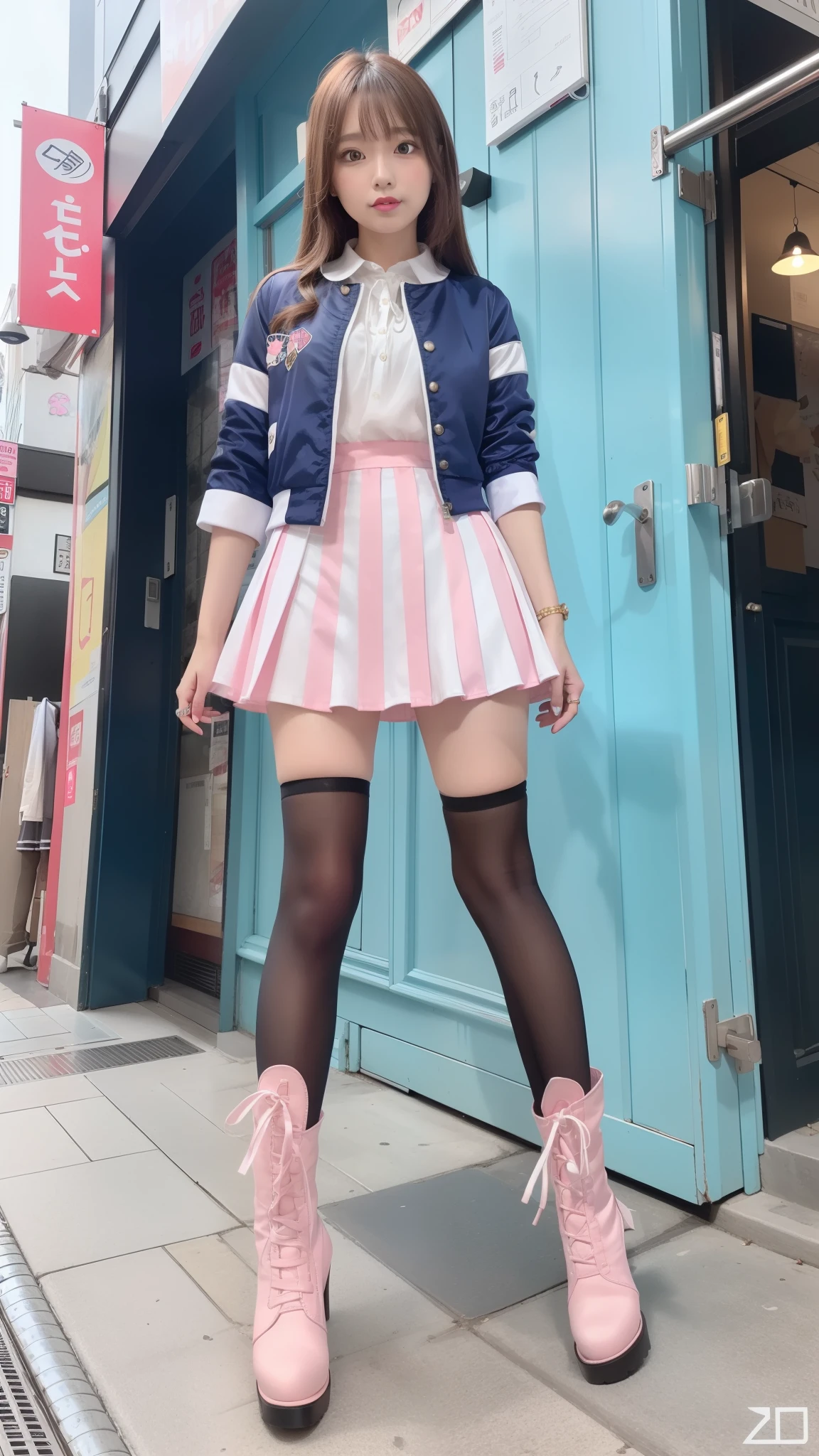Costume like a idol, blue and white half sleeve Jacket, pink satin ruffled blouse, White and pink stripe pleated skirt, white lace up boots