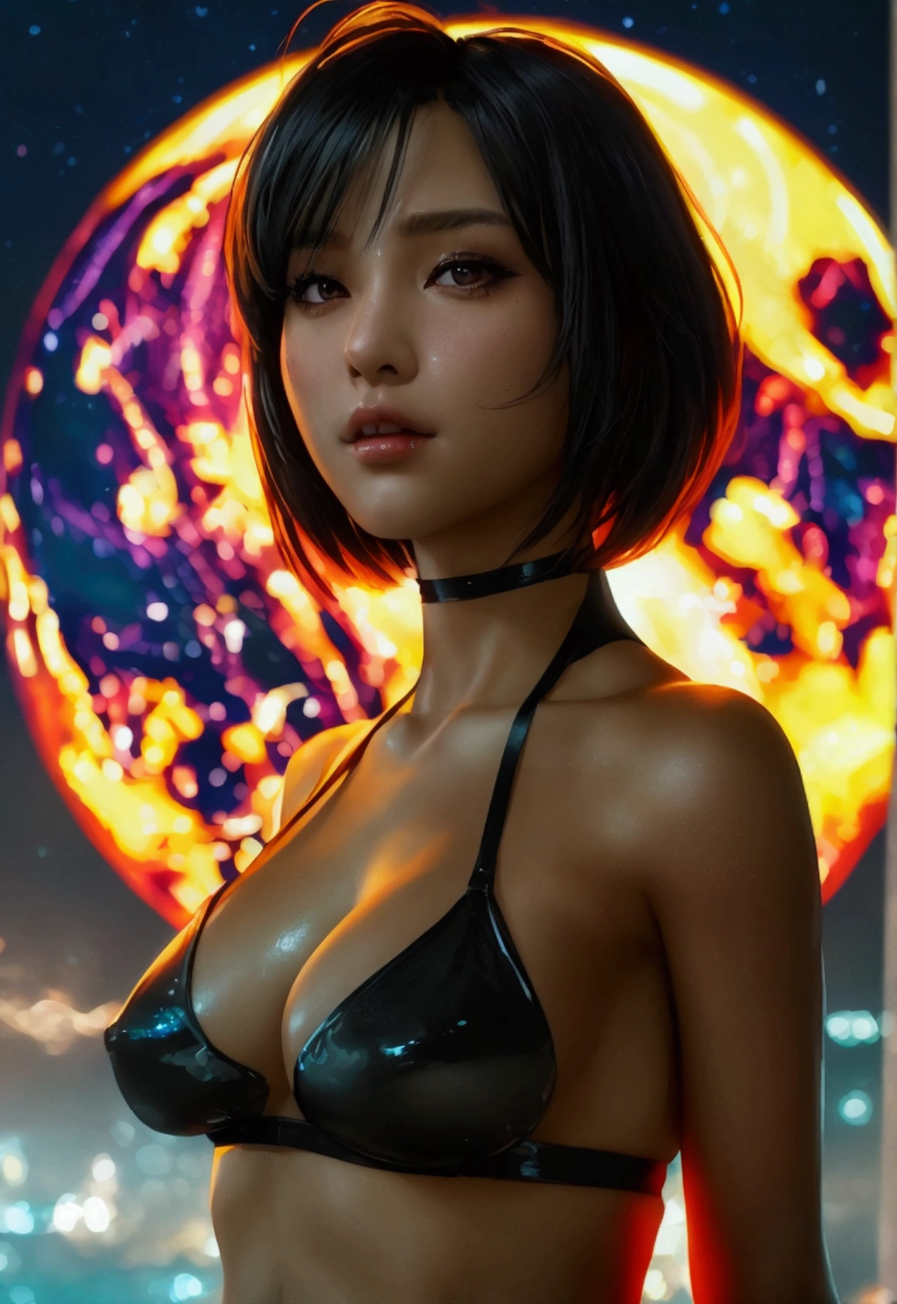 1 Girl, Solo, sensual, seductive, , naked buttocks, sts, ada wtra high resolution, photo, photorealistic, highly detailed, detailed face, standing, sexy female athletic body, cuwoman alone, beauty ephemeral, fantastic sky, starry sky, red moon, dark sky, medium breast, full body image, (master high quality), sideways glances at the viewer, bob cut, shiny skin, attractive, dreamy ((thick bangs, exquisite details.Intricately detailed, attractive, oily skin.