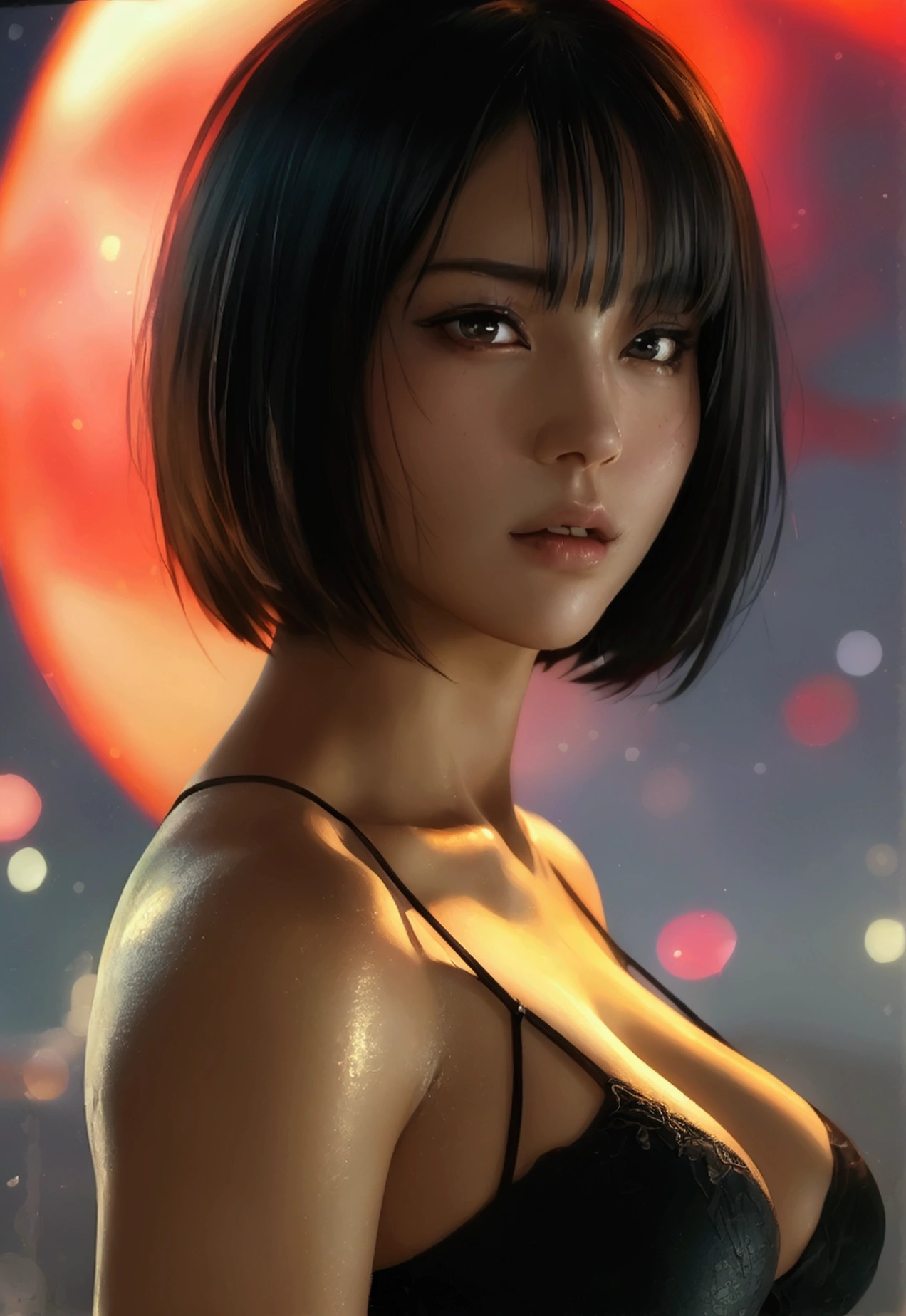 1 Girl, Solo, sensual, seductive, naked, naked, big buttocks, big breasts, ada wong FMX, Ultra high resolution, photo, photorealistic, highly detailed, detailed face, standing, sexy female athletic body, cute woman alone, beauty ephemeral, fantastic sky, starry sky, red moon, dark sky, medium breast, full body image, (masterpiece, high quality), sideways glances at the viewer, bob cut, shiny skin, attractive, dreamy ((thick bangs, exquisite details.Intricately detailed, attractive, oily skin.
