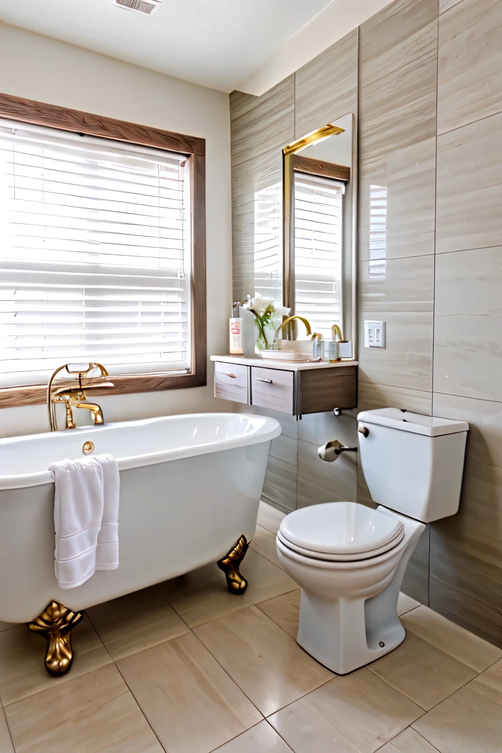 “A classy bathroom with a white interior, featuring a sleek white porcelain bathtub next to a large window, a stylish wooden chair with a cushioned seat, and a light gray marble tile floor. A modern glass-enclosed shower with chrome fixtures stands nearby. The walls have subtle white wainscoting, and a plush white towel is draped over the chair. A small wooden stool beside the tub holds a glass vase with fresh white lilies. The bathroom also includes a modern vanity with a marble countertop and an elegant gold-framed mirror. 4k Ultra HD image, ultra realistic image.