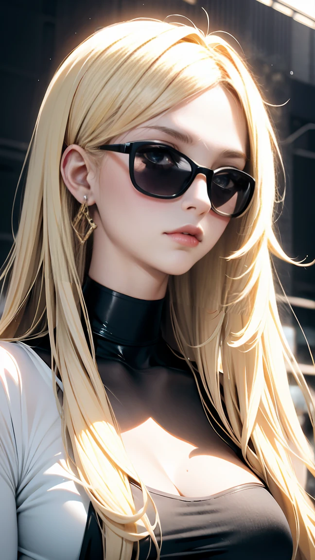 a beautiful picture of Darcy, masterpiece, photorealistic, detailed, 4k, HDR, backlighting, bloom, light, RAW color photo, smooth skin, brown hair with blonde strips,  very long hair, detailed face, yellow eyes, sunglasses, nude, choker, <lora:WinxClubDarcy-10:0.9>