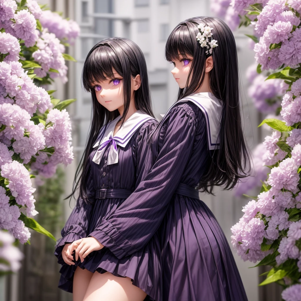 A girl with black hair and purple eyes is wearing a violet dress with white flowers. She is at UA school.
