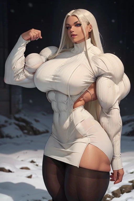 (Close-up), tall, (White hair), beautiful muscular woman, long straight hair, light brown skinned, closed smile, (black lipstick), (massive muscles), (hyper muscle), (ginormous bulky muscles), blue eyes, ((long sleeve white turtleneck sweater dress, white miniskirt)), ((pantyhose under skirt)), brown boots, choker, snow field 