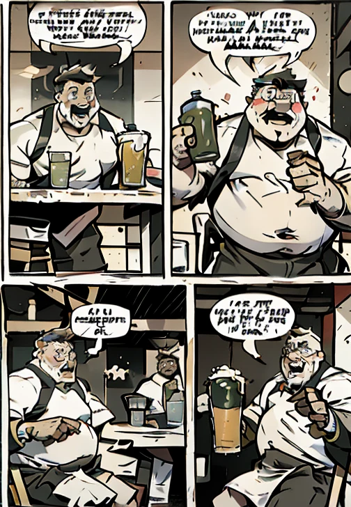 Only plump, chubby, extremely thick thighs, large belly, fat, age 55, two friends are at the bar drinking beer gesturing and talking sitting on the chair with beer bottles on their table , an environment with tables and other people sitting and talking , 4K, masterpiece.