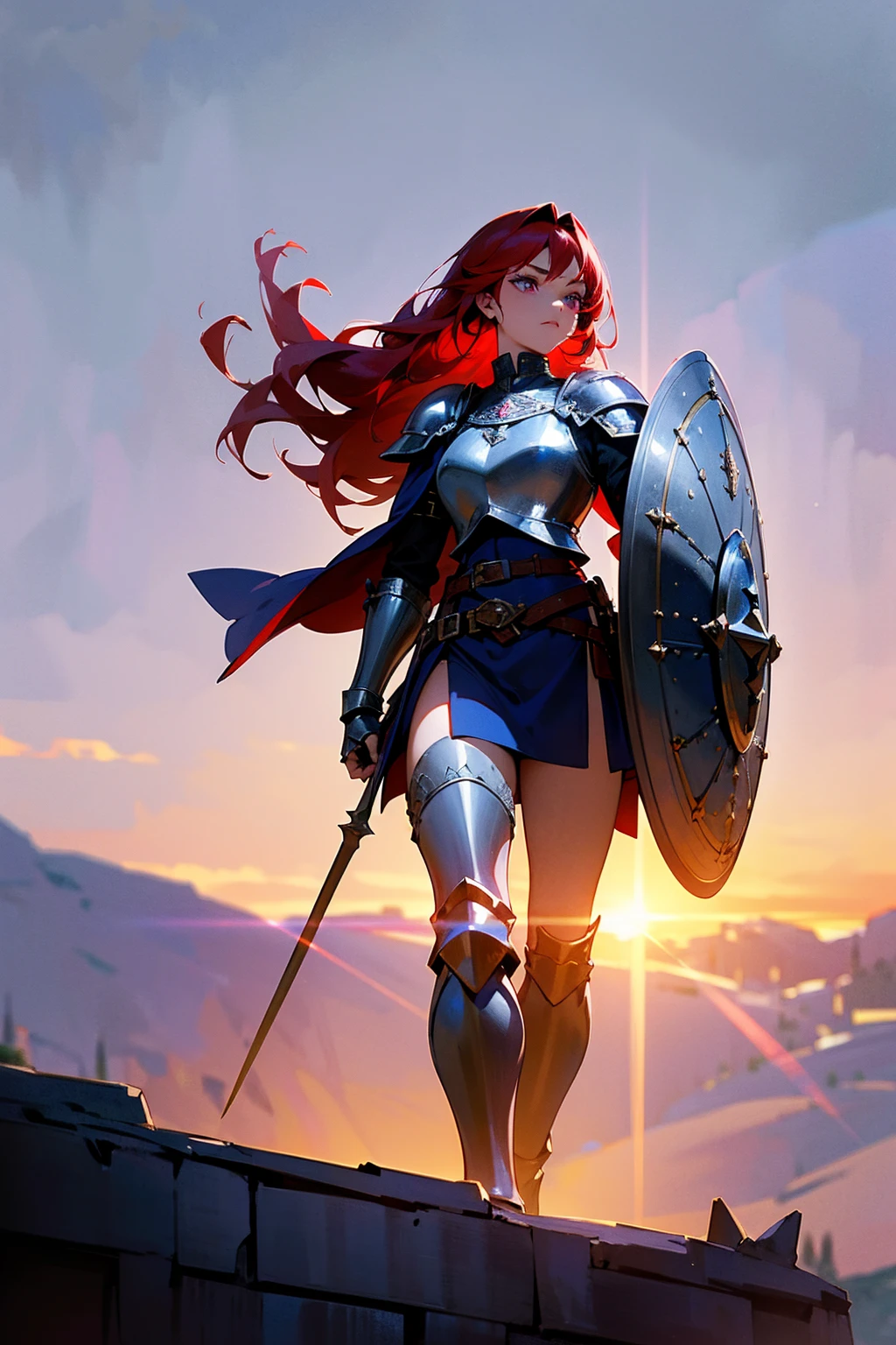 1girl, red hair, violet eyes, warrior princess, silver armor with blue accents, medieval shield, standing on a castle wall, sunset in the background, (best quality,4k,8k,highres,masterpiece:1.2),ultra-detailed,concept art,medieval,dramatic lighting,cinematic,epic,powerful,heroic