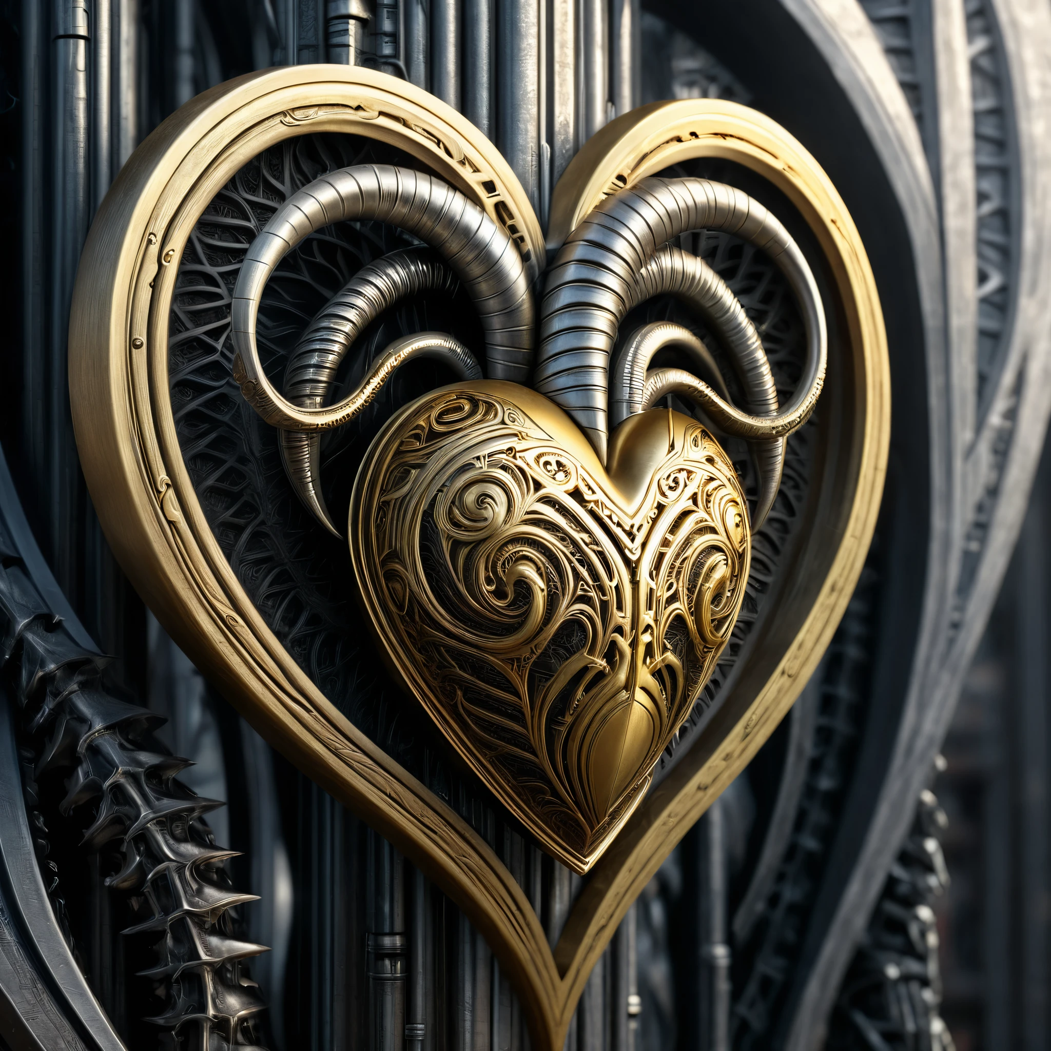 dagger through heart, heart, sf, intricate artwork masterpiece, ominous, matte painting movie poster, golden ratio, trending on cgsociety, intricate, epic, trending on artstation, highly detailed, vibrant, production cinematic character render, ultra high quality model, H.R. Giger style,