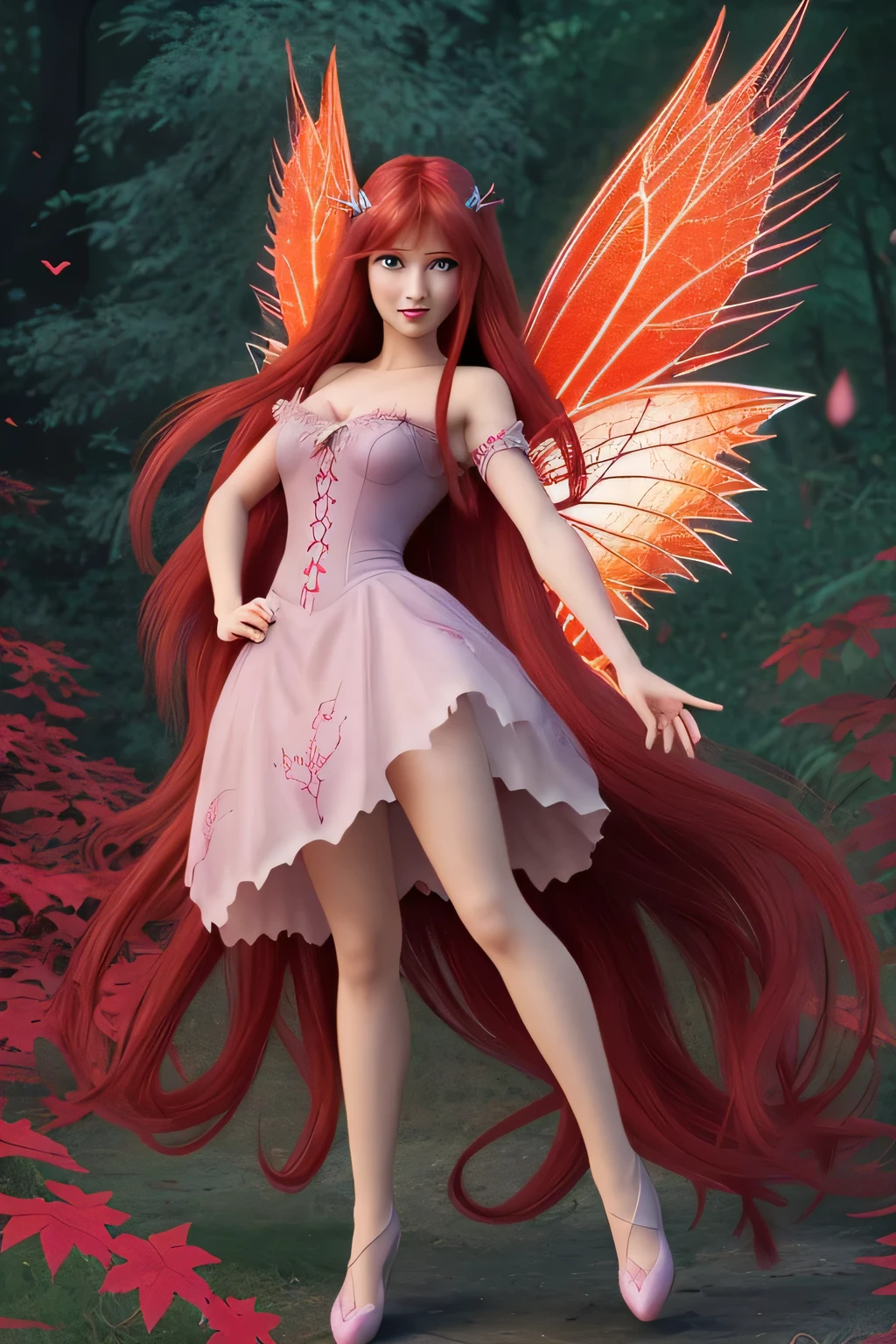 Animated fairy with long hair and red wings color 255 HD