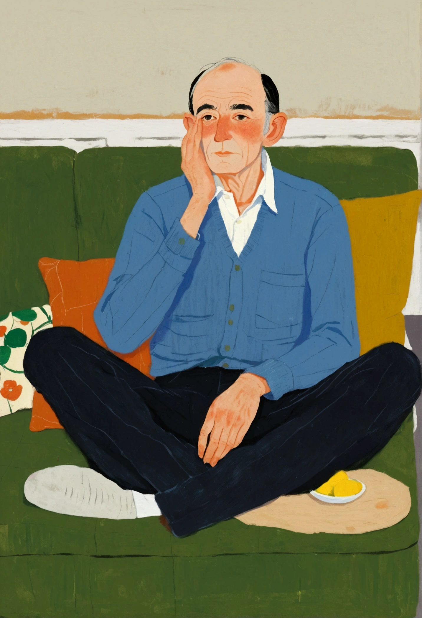 A man's sitting on a couch with his head in his hands, author:Alex Katz, inspired author:Alex Katz, Inspired by Chantal Joffe, A man's, author:Lois Dodd, inspired author:Lois Dodd, A man's画, by Kat Watcher, inspired by Noémi Ferenczy, Inspired by Euan Uglow, illustration