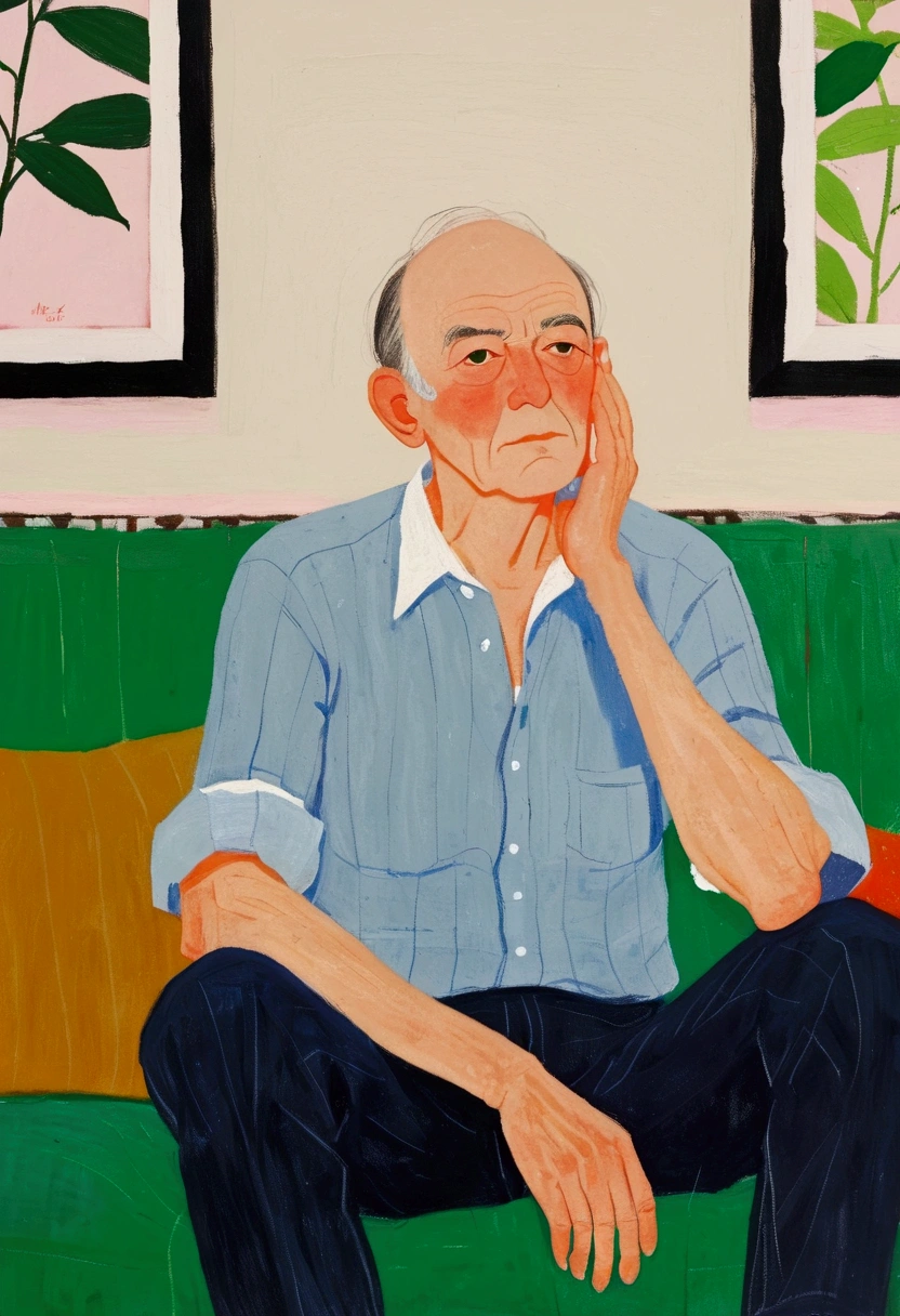 A man's sitting on a couch with his head in his hands, author:Alex Katz, inspired author:Alex Katz, Inspired by Chantal Joffe, A man's, author:Lois Dodd, inspired author:Lois Dodd, A man's画, by Kat Watcher, inspired by Noémi Ferenczy, Inspired by Euan Uglow, illustration