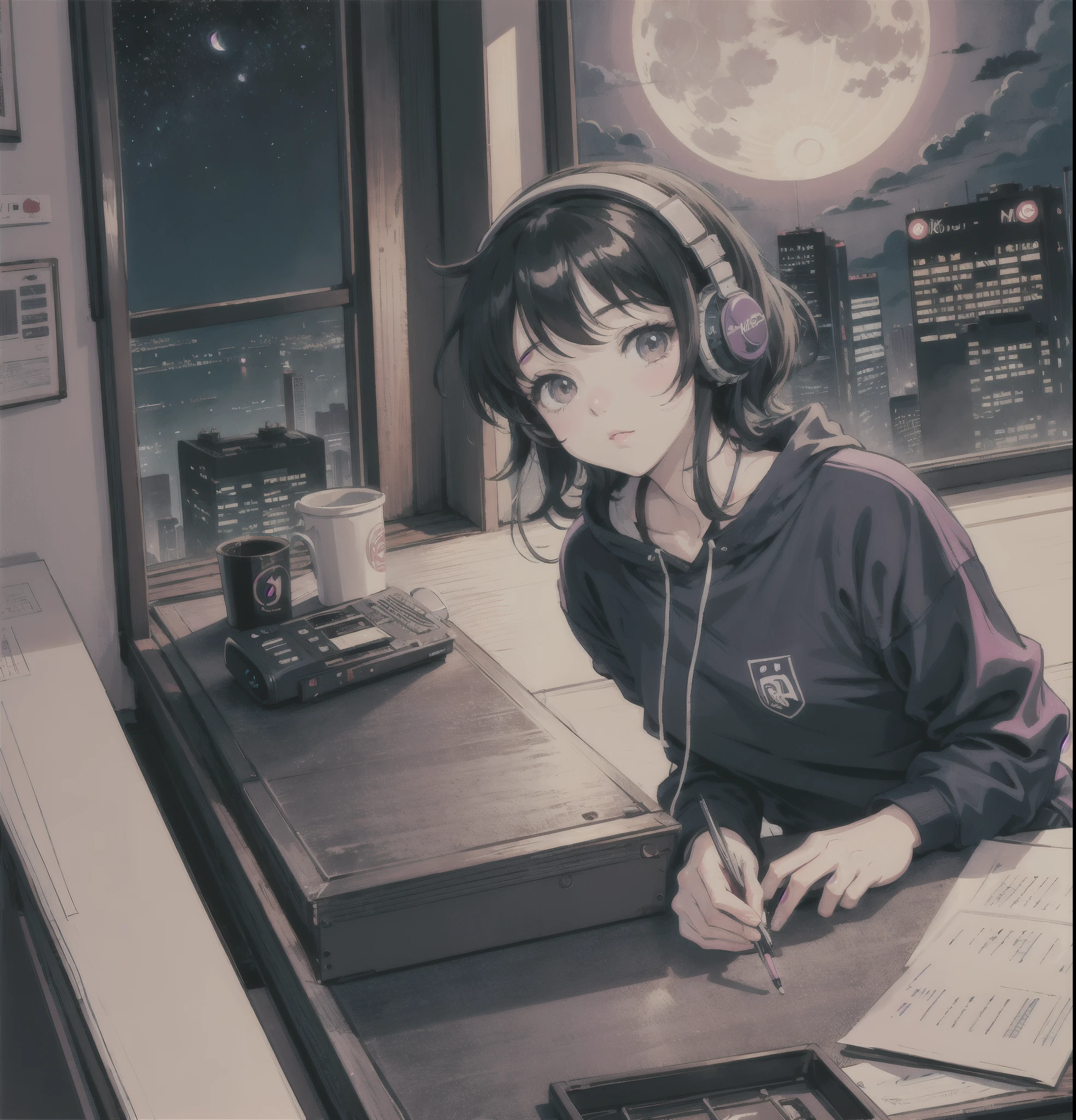 1 girl, 90s anime style, night, Studio Room, moon, Girl wearing headphones, late night room, Listening to music alone, City Pop, low quality, Lo-Fi, Chill, late night, Single room, Dark Room, futuristic night view outside the window, Dark Room,Warm lighting