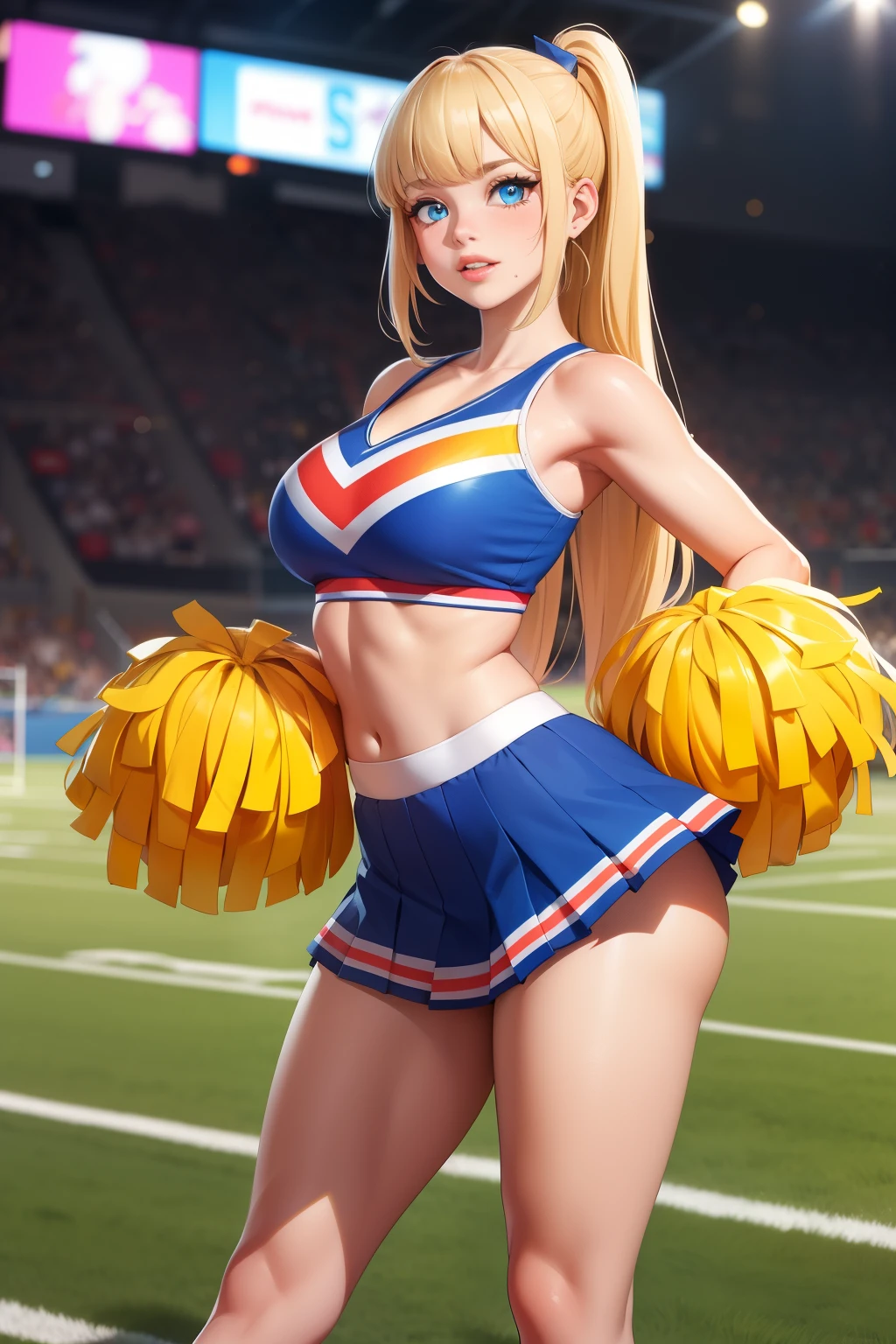 Emilia Clarke, masterpiece quality, realistic, lots of detail, sunny day, cheerleader outfit, pleated miniskirt, super short miniskirt. crop top, in sports stadium, on football field, thin body, big breasts breasts,