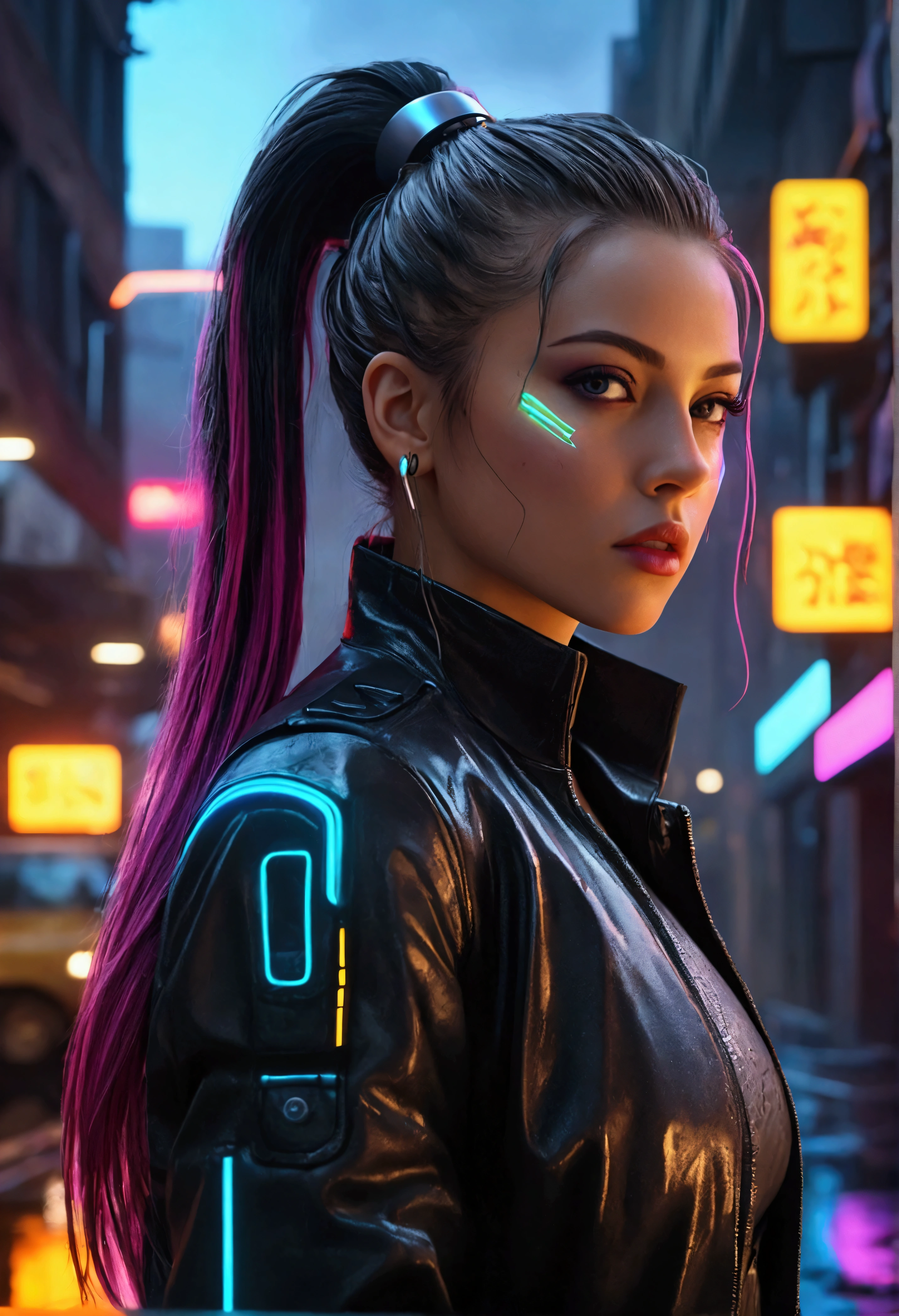 (Highest quality,4K,8k,High resolution,masterpiece:1.2),Very detailed,(Female protagonist,Cyberpunk Style,Beautiful attention to detail,Beautiful lip detail,Futuristic Neon Bike,Shining neon lights , glowing neon eyes, Neon glowing lips,Super long hair ponytail,urban landscape background,Vibrant colors,Portraiture,sf,Sharp focus,Physically Based Rendering,Glossy metallic texture,Strong contrast,Edgy Clothing,Dark Alley,Graffiti art,Street art elements,High-tech equipment,urban environment,Night Scenery,rain,Blurred romantic light,The aesthetics of the decline of the city,An exciting atmosphere,Smoke and fog effects,Dynamic pose.