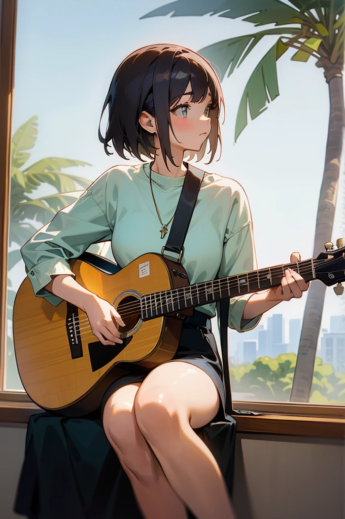 1 girl, sitting down with an acoustic guitar, background inside a house sitting next window that shows LA with palm trees, music album.