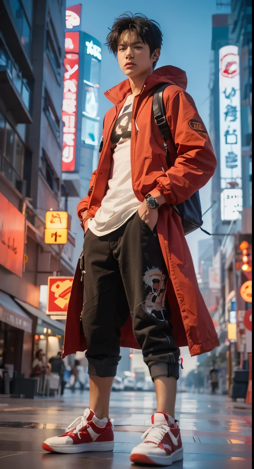 Luffy, one piece, black hair, red jacket, sneaker shoes, modern city background, detailed face, detailed hair, detailed eyes, detailed lips, detailed hand. Ultra detailed, ultra realistic, masterpiece.