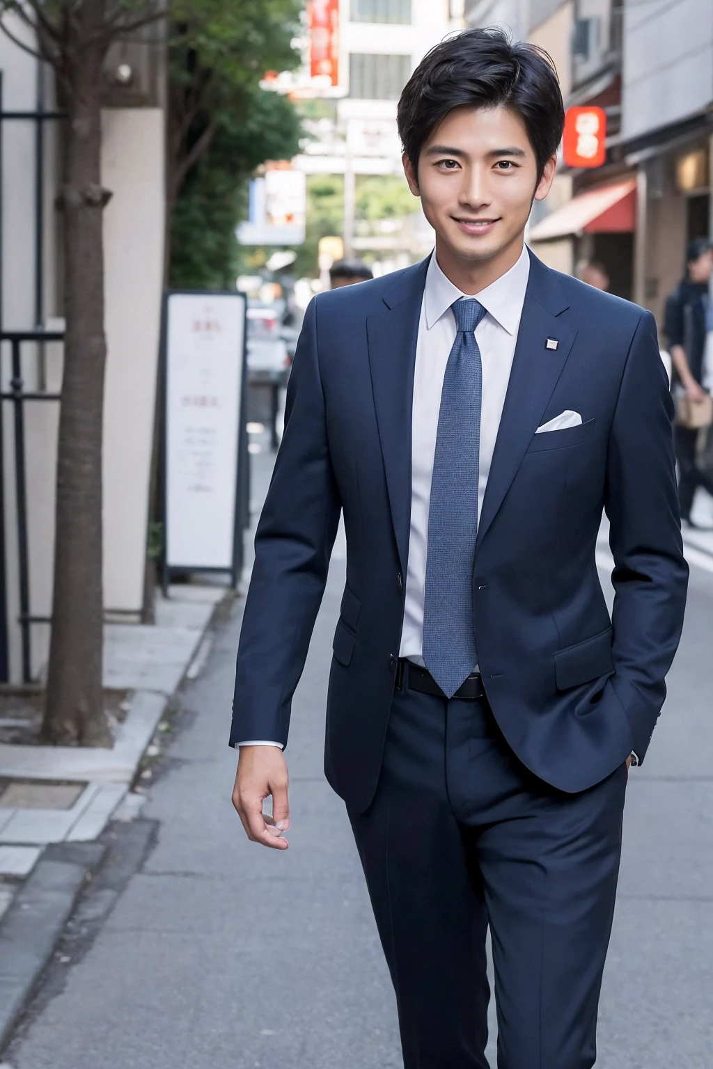 (Highest quality、Best image quality、Ultra-high resolution)、Japanese、Handsome、30 years old、Happy young Japanese businessman president、Very attractive businessman, Elegant outfit and standing facing forward、masterpiece、Photorealistic、The background is blurred、Big smile、Latest stylish suits 、Medium Hair、Super cool、Twink、Soft skin and perfect features、8k、Surreal、