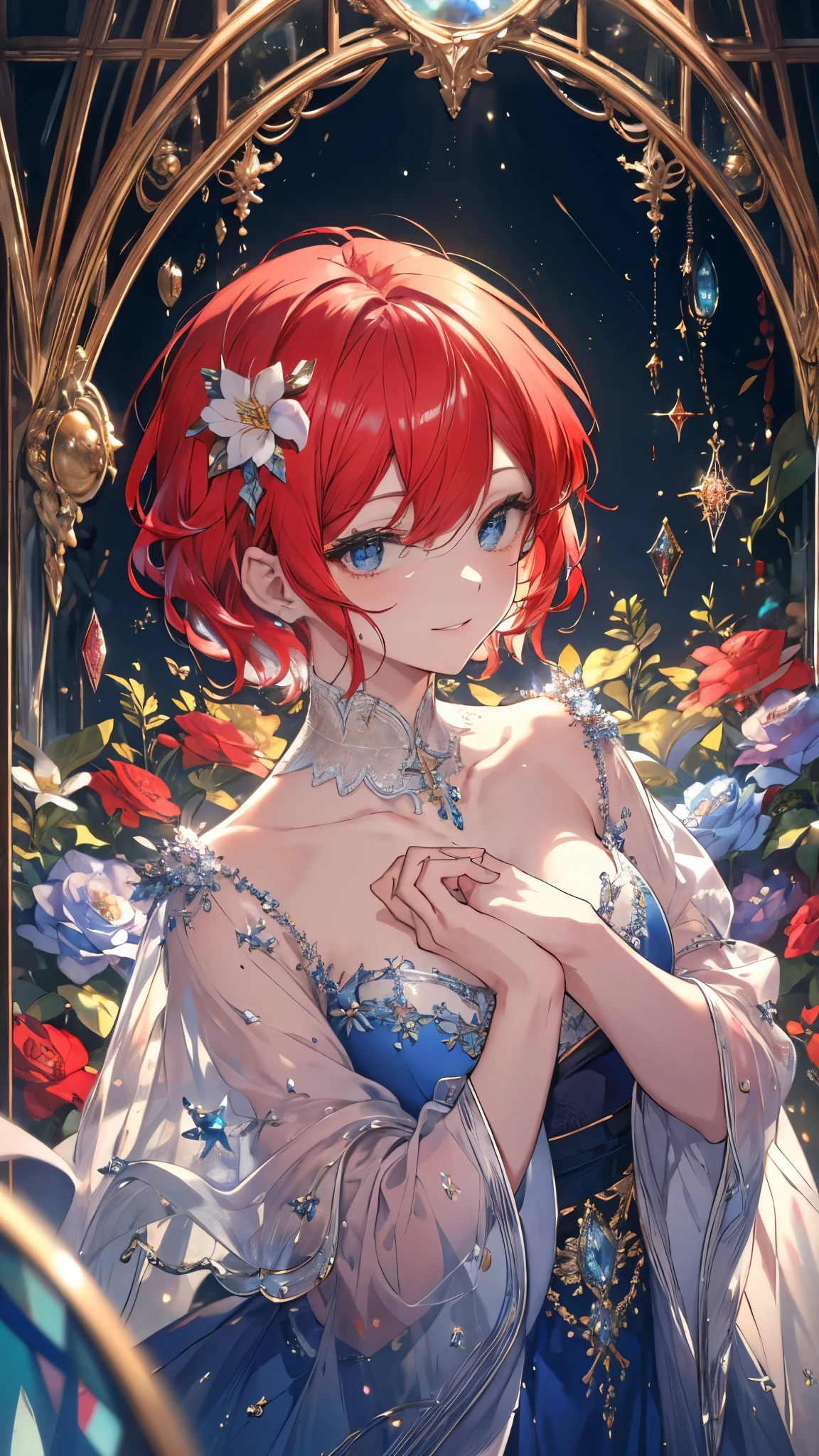 High Definition RAW Color Art, cartoon,sculpture, Silver Marble Skin, (((Extremely meticulous and elegant))), Magical atmosphere, Delicate skin, texture,(Complex details, Fine details, Ultra Detail艺术), Depth of Field, Bokeh, Silky touch, Ultra Detail, (Blue stained glass background), beautiful eyes, Elegant face,  (Red hair), flower, Set, Watch from above, Smiley Face, short hair