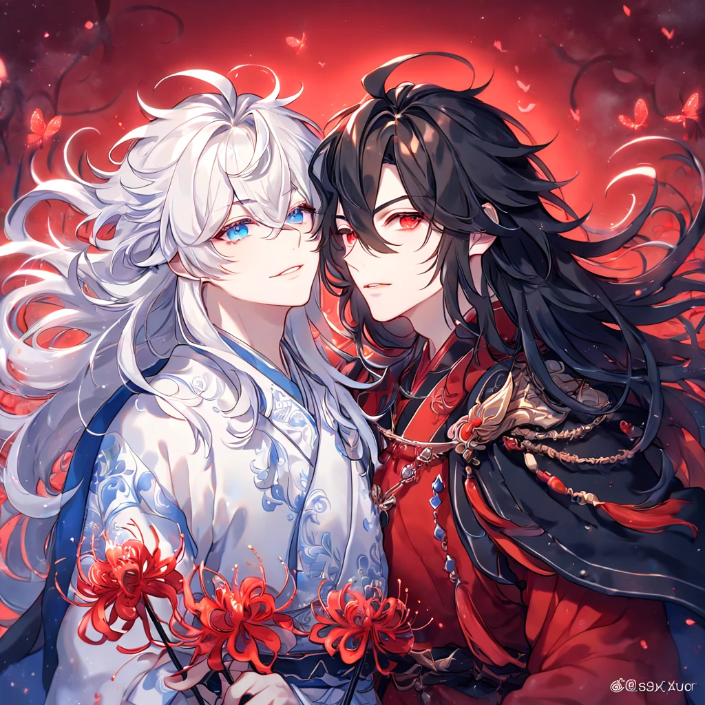 absurdres, highres, ultra detailed, HDR, master piece, best quality, extremely detailed face, delicated features, Xue Yu, untamed spiky hair, black hair, long hair, hair between the eyes, expressive red eyes, Thousand Years War, Gojou Satoru, white hair, messy hair, expressive blue eyes, two sexy men together, gay couple, yaoi, handsome, black cape, red robes, white robes, accessories, patterns, red sky, red butterflies, red spider lilies, fantasy, magical, radiant, chinese ambiance
