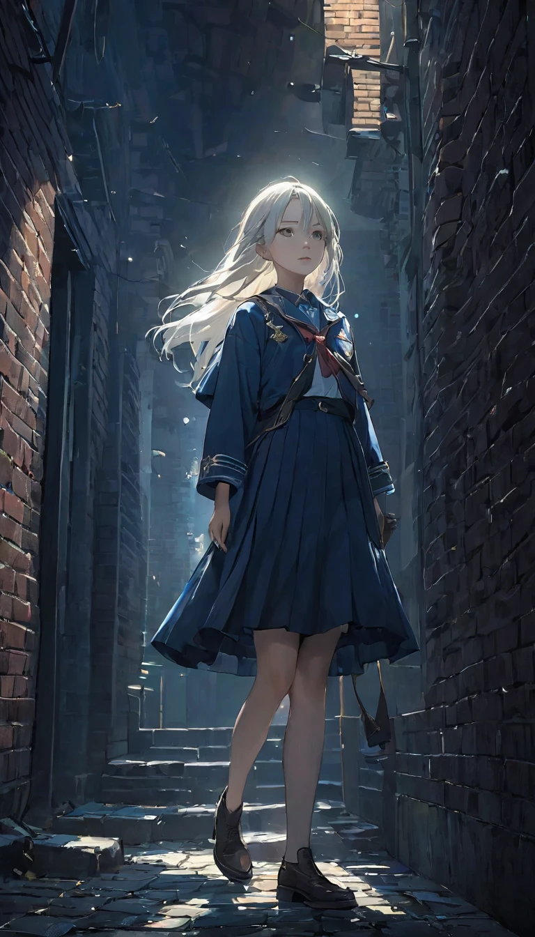 (Front focus),(in the darkness:1.6), 14 years old,大卫·霍克尼和阿尔丰斯·穆夏的超Reality主义女性肖像,Fantasy Art, Reality, Dynamic Lighting, Art Station, poster, Volumetric Lighting, The face is rich in detail, 4,000 yen, Awards,, A girl, on the street, Sunlight in the distance，Brick and stone floor，look up，Deep Shadows, humble,Cowboy shooting,(Official uniform:1.4) ,Long hair,White hair,