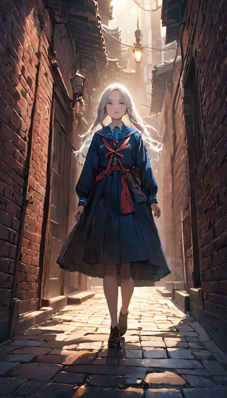 (Front focus),(in the darkness:1.6), 14 years old,大卫·霍克尼和阿尔丰斯·穆夏的超Reality主义女性肖像,Fantasy Art, Reality, Dynamic Lighting, Art Station, poster, Volumetric Lighting, The face is rich in detail, 4,000 yen, Awards,, A girl, on the street, Sunlight in the distance,Brick and stone floor,look up,Deep Shadows, humble,Cowboy shooting,(Official uniform:1.4) ,Long hair,White hair,