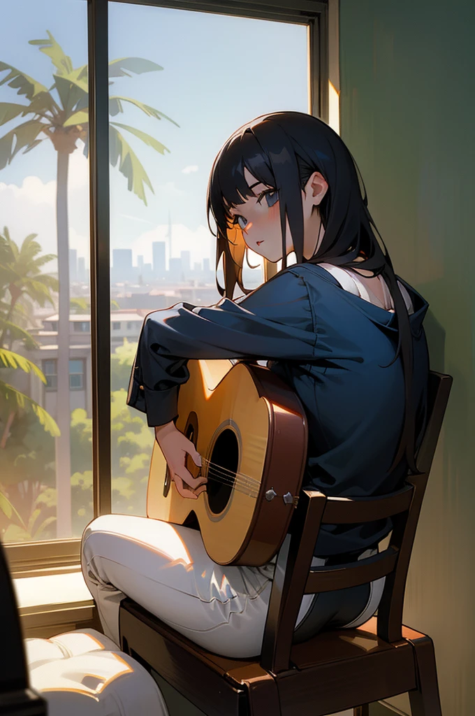 1 girl, sitting down with an acoustic guitar, background inside a house sitting next window that shows LA with palm trees, music album.
