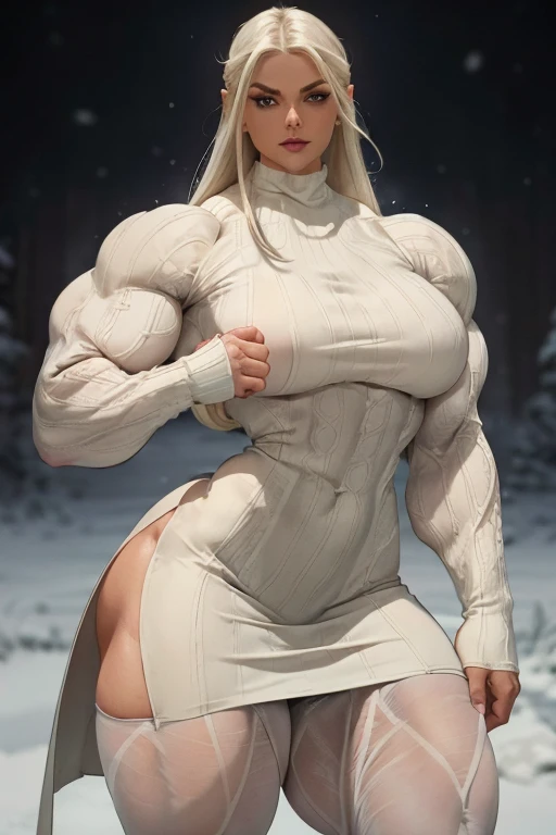 (Close-up), tall, (White hair), beautiful muscular woman, long straight hair, light brown skinned, closed smile, (black lipstick), (massive muscles), (hyper muscle), (ginormous bulky muscles), blue eyes, (((white long sleeve turtleneck sweater dress, white miniskirt and pantyhose))), ((pantyhose under skirt)), brown boots, choker, snow field 