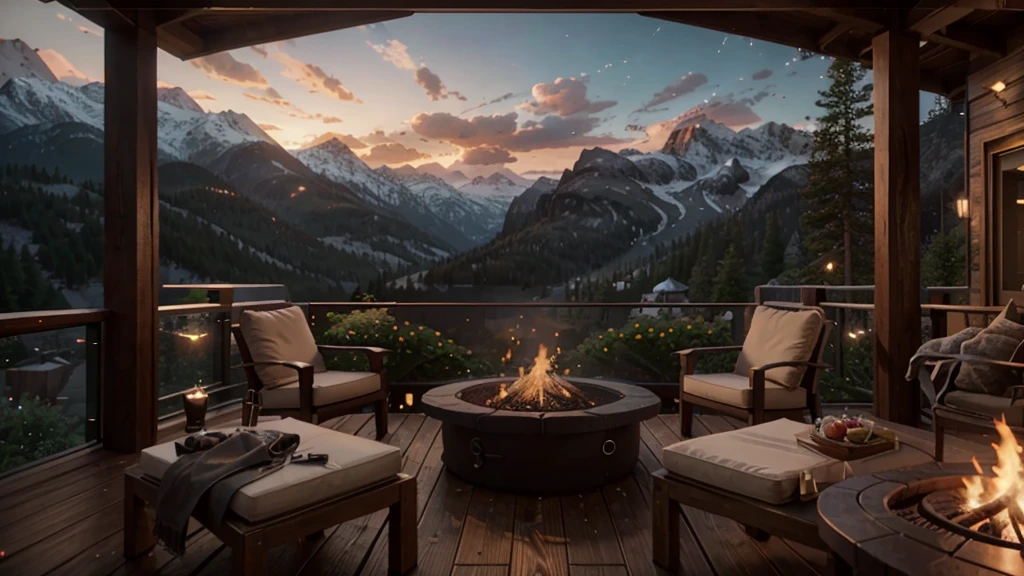 there is a fire pit on a deck with a view of the mountains, unreal engine ; romantic theme, warm beautiful scene, unreal 5 engine rendered, unreal 6 breathtaking detailed, unreal engine highly rendered, rendered in unreal 5, beautiful detailed scene, unreal engine screenshot, highly detailed scene, realistic unreal engine 3 d game, unreal engine rendered, detailed scene, cozy environment