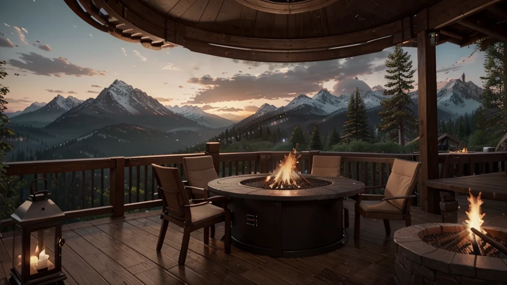 there is a fire pit on a deck with a view of the mountains, unreal engine ; romantic theme, warm beautiful scene, unreal 5 engine rendered, unreal 6 breathtaking detailed, unreal engine highly rendered, rendered in unreal 5, beautiful detailed scene, unreal engine screenshot, highly detailed scene, realistic unreal engine 3 d game, unreal engine rendered, detailed scene, cozy environment